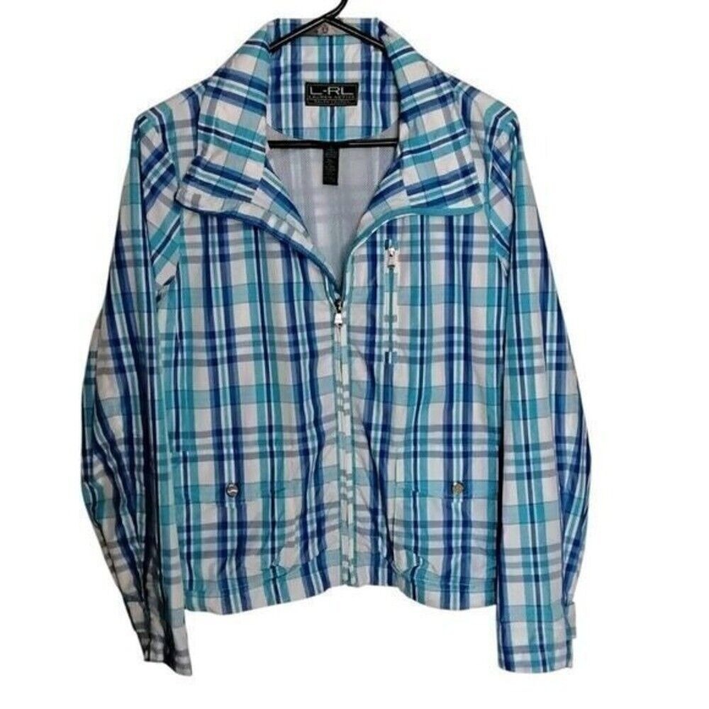 Ralph Lauren‎ LRL Active Plaid Lightweight Zip-Up Windbreaker Blue Womens Large